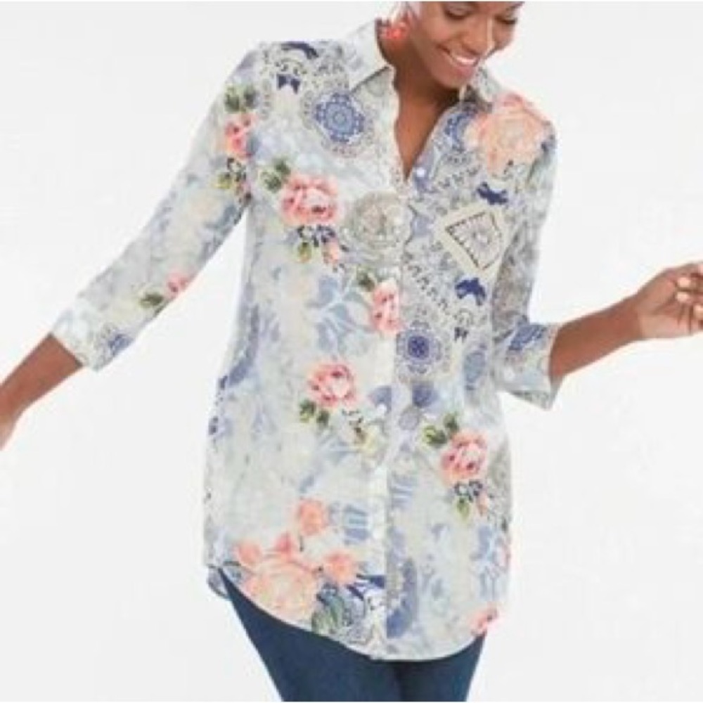 Chico's Linen White Blue Floral‎ Print Tunic Top Blouse Button Down Pleat Size 1